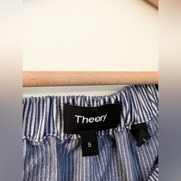 Theory Odettah Off Shoulder Seersucker blue and white striped blouse top fall - Picture 4 of 9